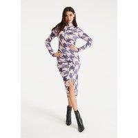 Liquorish Women's Overscale Houndstooth Print Midi Dress With High Neck & Ruching Detail in Pink | Size: 8