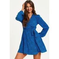 Liquorish Women's Heart Print Mini Wrap Dress With Long Sleeves In Royal Blue | Size: 8