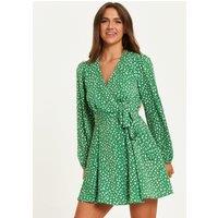 Liquorish Women's Animal Print Mini Wrap Dress With Long Sleeves In Green | Size: 8