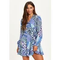 Liquorish Women's Mixed Animal Print Mini Wrap Dress With Long Sleeves In Blue | Size: 8
