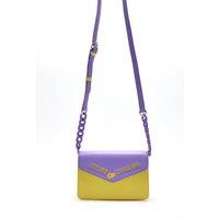 Cross Body Bag In Purple And Yellow With A Chain Detail Strap And Printed Logo