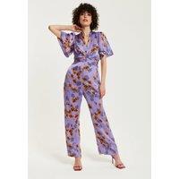 Purple Floral Wide Leg Jumpsuit With Angel Sleeves