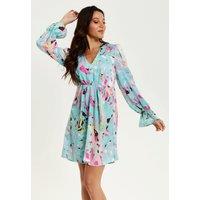 Liquorish Women's Blue Abstract Print Mini Dress With Open Back & Long Sleeves | Size: 14