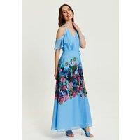 Liquorish Women's Floral Print Maxi Wrap Dress With Frill Details in Blue | Size: 16