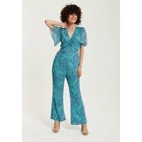 Liquorish Women's Blue Animal Print Knot Front Jumpsuit | Size: 6