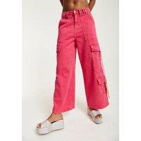 Hot Pink Denim Wide Leg Cargo Trousers