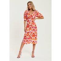 Liquorish Women's Floral Knot Front Midi Dress in Orange & Pink | Size: 8