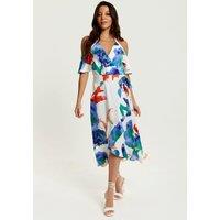 Liquorish Women's Floral Print White Based Midi Wrap Dress With Long Sleeves | Size: 12