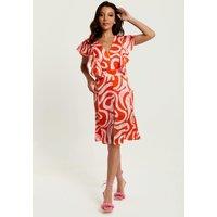 Liquorish Women's Pink & Red Abstract Print Midi Dress With Frill Details | Size: 10