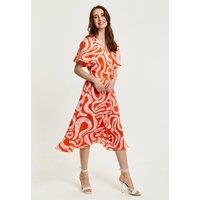 Liquorish Women's Pink & Red Abstract Print Midi Wrap Dress | Size: 8
