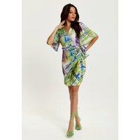 Liquorish Women's Abstract Print Midi Dress In Green With Short Sleeves | Size: 12