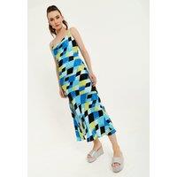 Blue And Black Printed Midi Dress With Cowl Neck