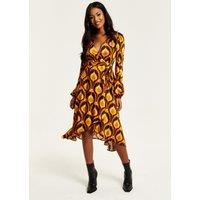 Liquorish Women's Balloon Sleeve Retro Print Midi Fake Wrap Dress | Size: 8