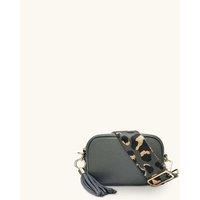 The Mini Tassel Dark Grey Leather Phone Bag With Grey Leopard Strap