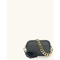 Apatchy London Women's The Mini Tassel Leather Phone Bag With Gold Chain Shoulder Strap in Dark Grey