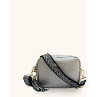 Pewter Leather Crossbody Bag With Black & Silver Chevron Strap
