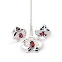 Ojewellery Women's Garnet Pendant Necklace Stud Earrings Orchid set in Silver | Size: 18 inches