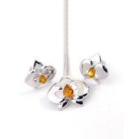 Ojewellery Women's Orchid Pendant Necklace Stud Earrings Set in Silver | Size: 18 inches