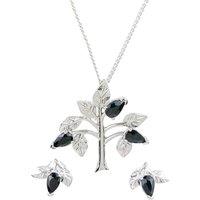 Ojewellery Women's Sapphire Tree of Life Set Pendant Necklace Stud Earring in Silver | Size: 18 inches