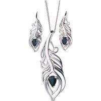 Ojewellery Women's Sapphire Peacock Feather Dangle Earrings Pendant Necklace in Silver | Size: 22 inches