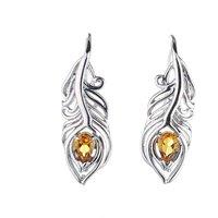 Ojewellery Women's Citrine Peacock Feather Dangle Earrings in Silver