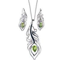 Ojewellery Women's Peridot Peacock Feather Statement Pendant Necklace Dangle Earring Set in Silver | Size: 22 inches
