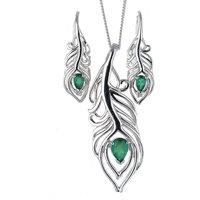 Ojewellery Women's Onyx Peacock Feather Pendant Necklace Dangle Earrings Set in Silver | Size: 22 inches