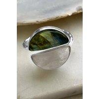 Otis Jaxon London Women's Adjustable Sterling Silver Moonstone & Labradorite Moon Ring | Size: Medium