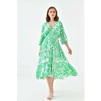 HOXTON GAL Women's Oversized Flutter Sleeves Shirred Waist V Neck Midi Dress with Floral Print in Green