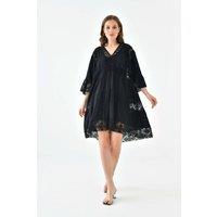 HOXTON GAL Women's Oversized 3/4 Sleeves Lace Detailed V Neck Mini Dress in Black