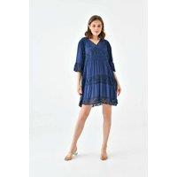HOXTON GAL Women's Oversized 3/4 Sleeves Lace Detailed V Neck Mini Dress in Navy