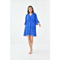 HOXTON GAL Women's Oversized 3/4 Sleeves Lace Detailed V Neck Mini Dress in Blue