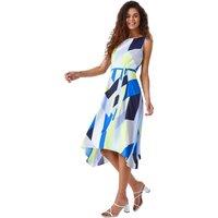 Roman Women's Geo Print Asymmetric Fit & Flare Dress in Blue | Size: 18