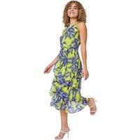 Roman Women's Petite Tiered Tropical Print Midi Dress in Lime | Size: 16