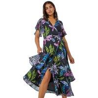 Roman Women's Tropical Print Chiffon Tiered Wrap Midi Dress in Black | Size: 12