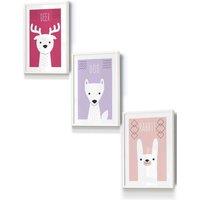 ARTZE Women's Scandi Nursery Forest Animals Pink Lilac Framed Wall Art - Small in White | Size: W33 cm x H45 cm x D20mm