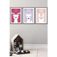 ARTZE Women's Scandi Nursery Forest Animals Pink Lilac Framed Wall Art - Large in Black | Size: W53 cm x H73 cm x D20mm