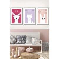 ARTZE Women's Scandi Nursery Forest Animals Pink Lilac Framed Wall Art - Large in Light Grey | Size: W53 cm x H73 cm x D20mm
