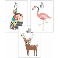 ARTZE Women's Set of 3 Nursery Tribal Owl, Flamingo, Deer Quote Art Posters in Pink | Size: W59 cm x H84 cm