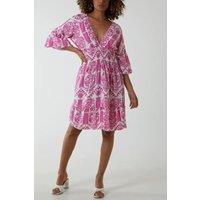 HOXTON GAL Women's Oversized 3/4 Sleeves V Neck Detailed Floral Printed Mini Dress in Pink
