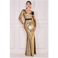 Goddiva Women's Liquid Sequin Corsage Maxi in Gold | Size: 10