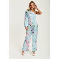 Blue Abstract Print One Shoulder Jumpsuit