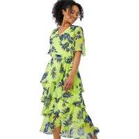 Roman Women's Petite Tropical Chiffon Tiered Midi Dress in Lime | Size: 8