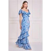 Goddiva Women's Floral Printed Chiffon Ruffle Maxi in Blue | Size: 12