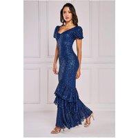 Goddiva Women's Puff Sleeve Tiered Hem Maxi Dress in Navy | Size: 16