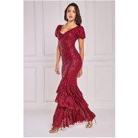 Goddiva Women's Puff Sleeve Tiered Hem Maxi Dress in Wine | Size: 10