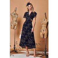 Jolie Moi Women's Plunge Neckline Keyhole Chiffon Maxi Dress in Navy | Size: 14