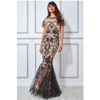 Goddiva Women's Mesh & Lace Maxi With Scalloped Hem in Black | Size: 10