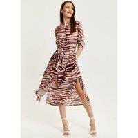 Liquorish Women's Brown Zebra Print Midi Shirt Dress | Size: 12
