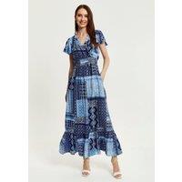 Liquorish Women's Blue Tile Print Maxi Dress With Short Sleeves | Size: 8